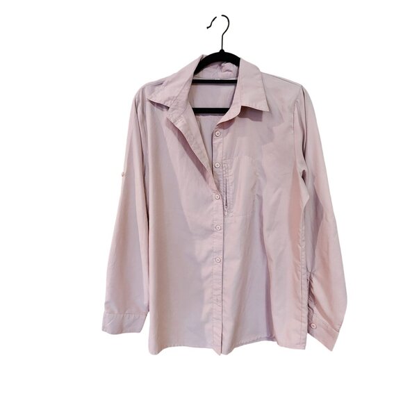 Light Pink Button-Up Collared Long Sleeve Shirt With Pocket & Roll-Tab Sleeves - Picture 1 of 4